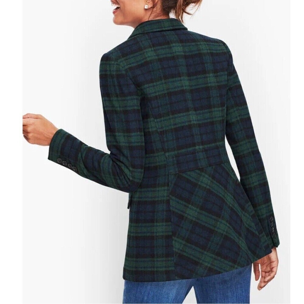Talbots 6P Green Black Watch Tartan Plaid Long Wool Blend Blazer Jacket NEW - Picture 3 of 11